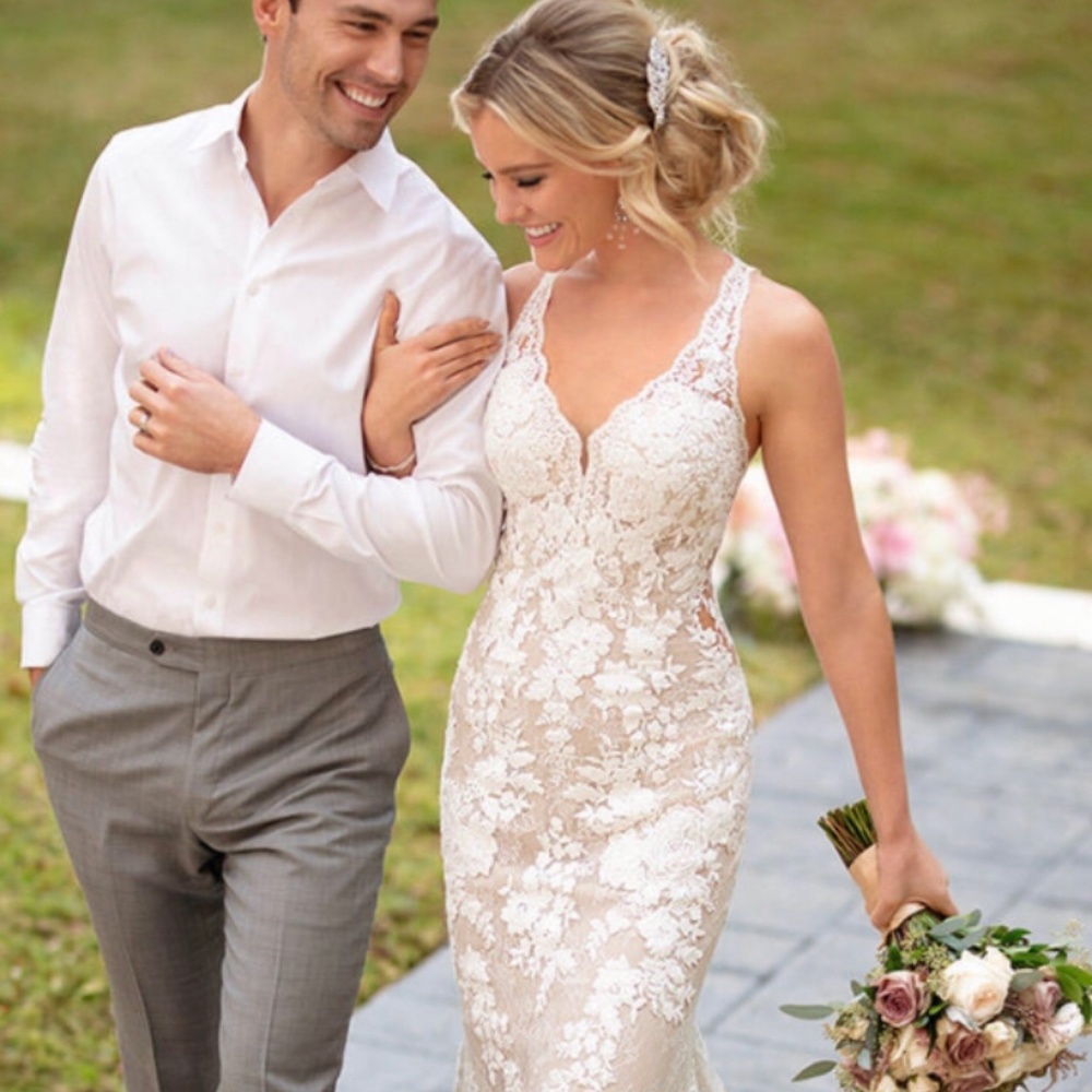 Stella York Lace Sheath Wedding Dress in Ivory over Nude